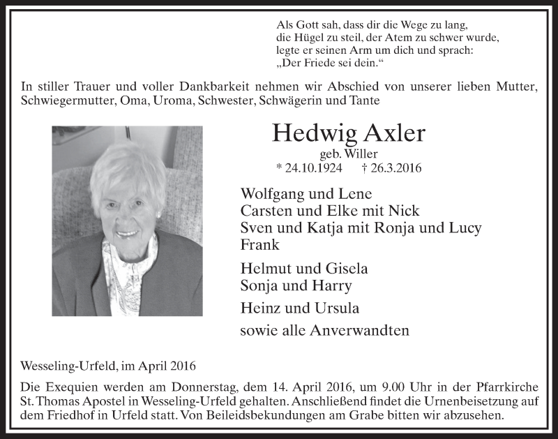  Traueranzeige für Hedwig Axler vom 13.04.2016 aus  Schlossbote/Werbekurier 