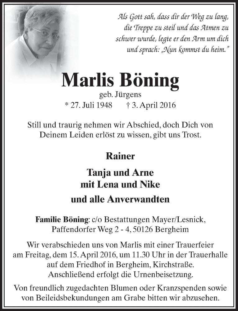  Traueranzeige für Marlis Böning vom 09.04.2016 aus  Sonntags-Post 