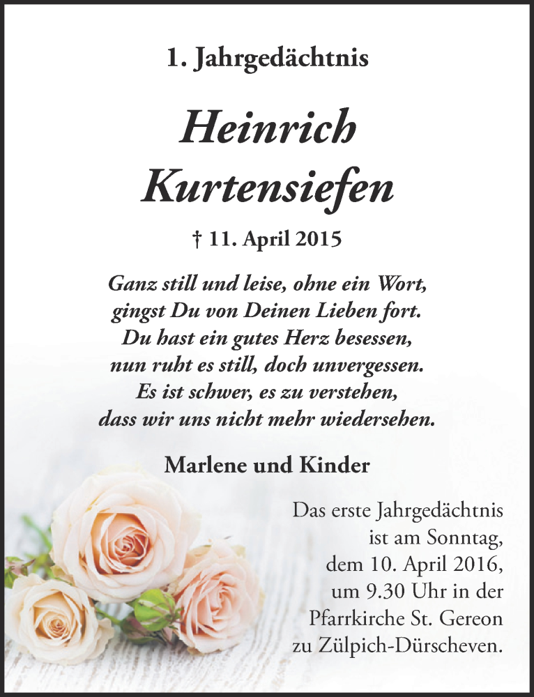  Traueranzeige für Heinrich Kurtensiefen vom 02.04.2016 aus  Blickpunkt Euskirchen 