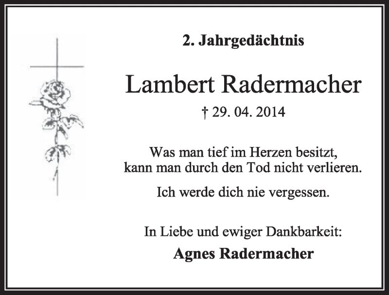  Traueranzeige für Lambert Radermacher vom 23.04.2016 aus  Sonntags-Post 