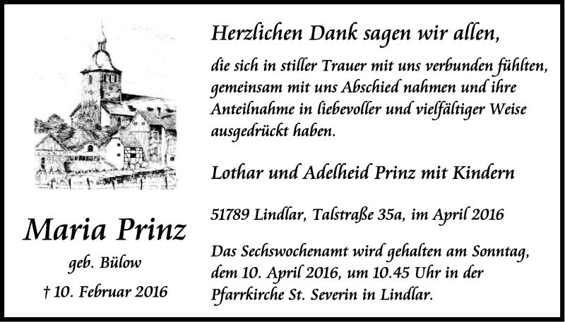  Traueranzeige für Maria Prinz vom 02.04.2016 aus Kölner Stadt-Anzeiger / Kölnische Rundschau / Express