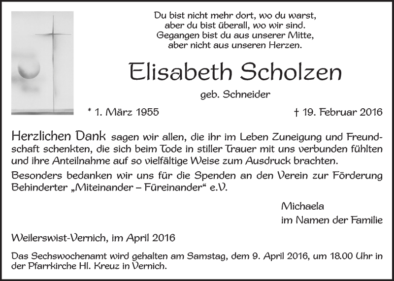  Traueranzeige für Elisabeth Scholzen vom 02.04.2016 aus  Blickpunkt Euskirchen 