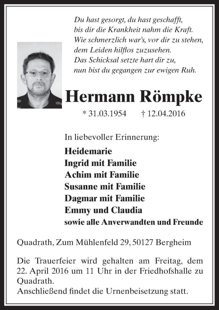  Traueranzeige für Hermann Römpke vom 20.04.2016 aus  Werbepost 