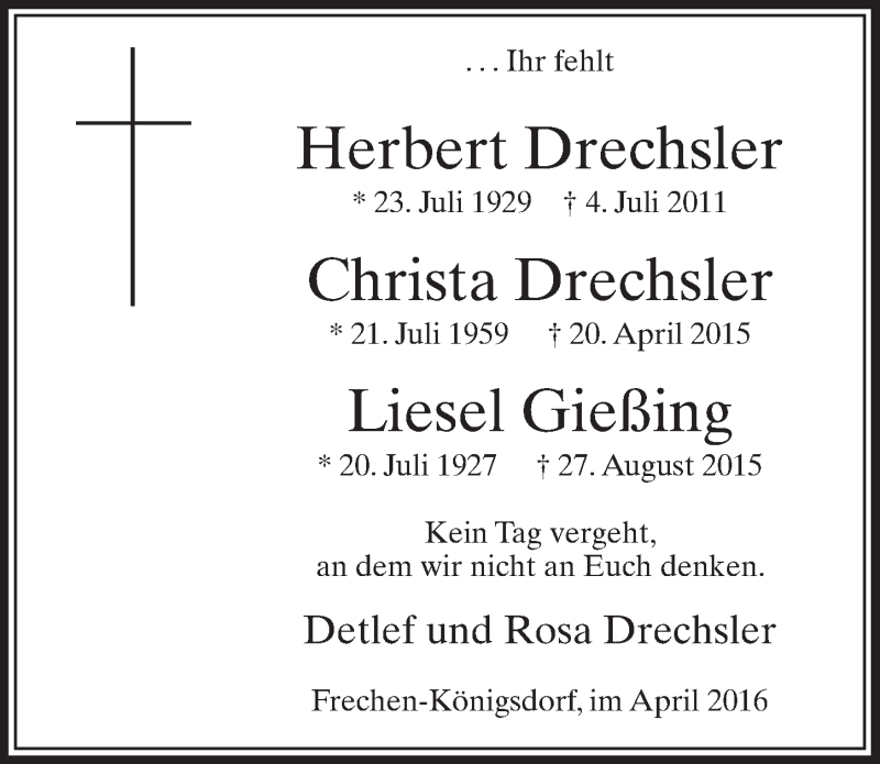  Traueranzeige für Christa Drechsler vom 20.04.2016 aus  Wochenende 