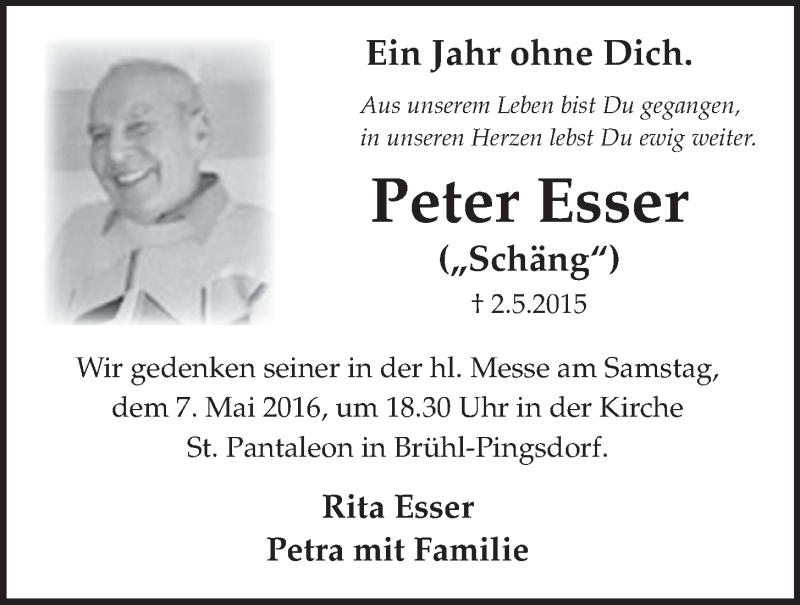  Traueranzeige für Peter Esser vom 27.04.2016 aus  Schlossbote/Werbekurier 