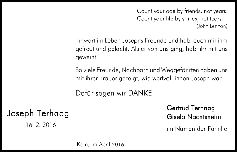 Traueranzeige für Joseph Terhaag vom 02.04.2016 aus Kölner Stadt-Anzeiger / Kölnische Rundschau / Express