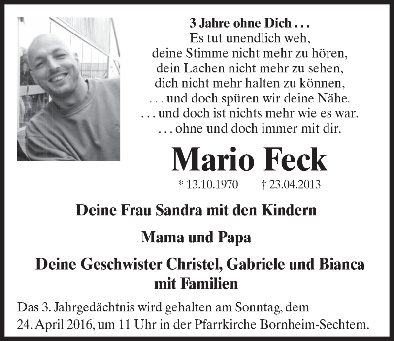  Traueranzeige für Mario Feck vom 20.04.2016 aus  Schlossbote/Werbekurier 