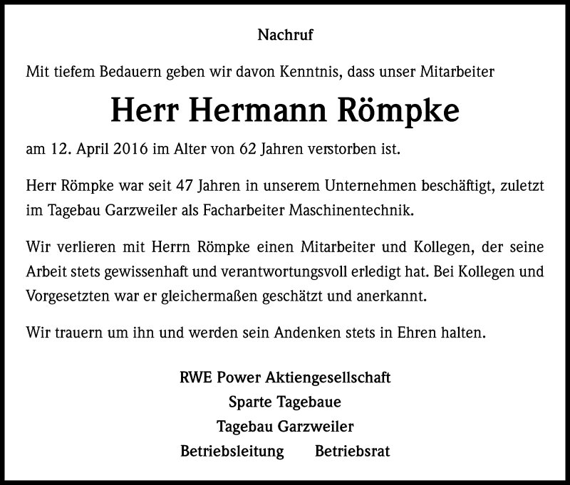  Traueranzeige für Hermann Römpke vom 22.04.2016 aus Kölner Stadt-Anzeiger / Kölnische Rundschau / Express