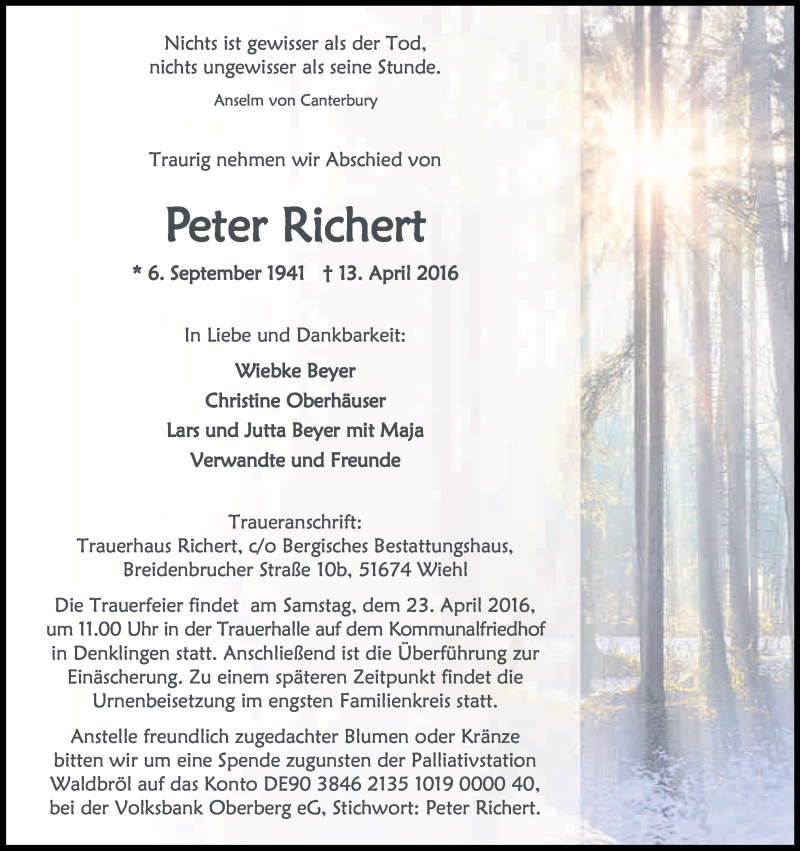  Traueranzeige für Peter Richert vom 19.04.2016 aus Kölner Stadt-Anzeiger / Kölnische Rundschau / Express