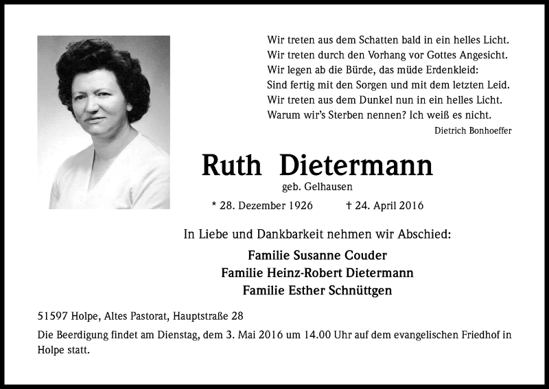  Traueranzeige für Ruth Dietermann vom 29.04.2016 aus Kölner Stadt-Anzeiger / Kölnische Rundschau / Express