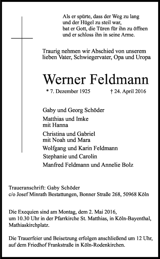  Traueranzeige für Werner Feldmann vom 27.04.2016 aus Kölner Stadt-Anzeiger / Kölnische Rundschau / Express