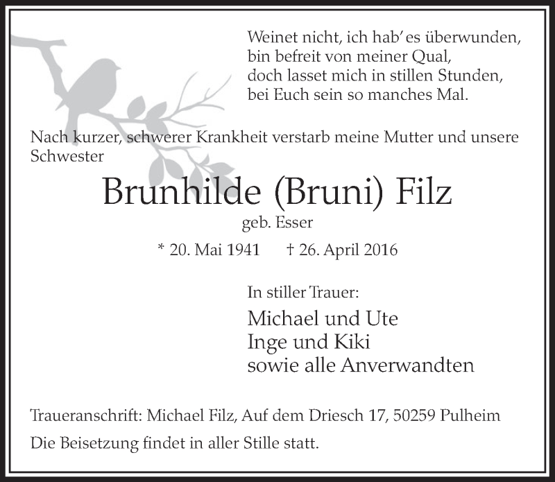 Traueranzeige für Brunhilde Filz vom 30.04.2016 aus  Sonntags-Post 