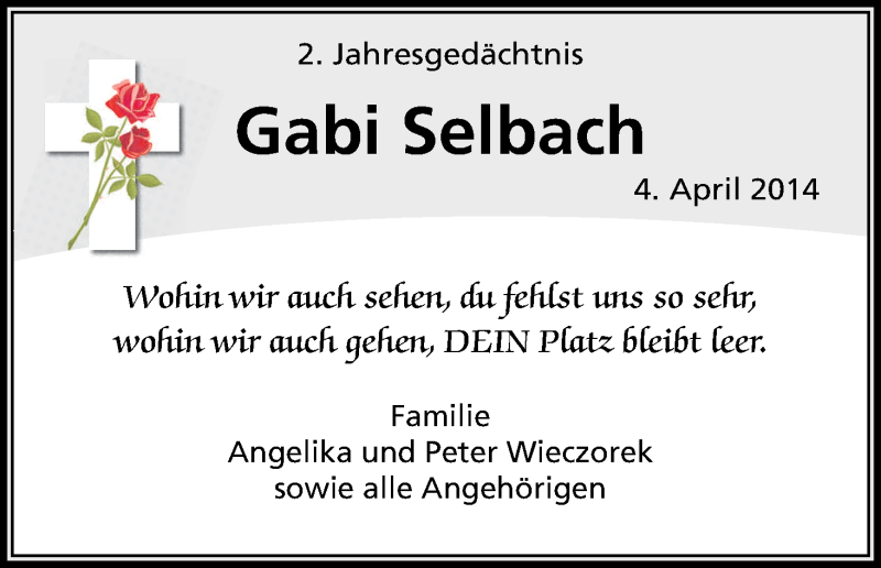  Traueranzeige für Gabi Selbach vom 04.04.2016 aus Kölner Stadt-Anzeiger / Kölnische Rundschau / Express