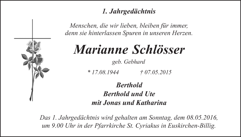  Traueranzeige für Marianne Schlösser vom 30.04.2016 aus  Blickpunkt Euskirchen 