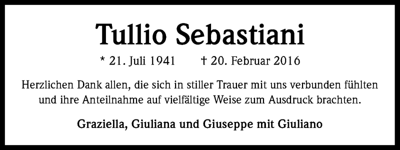  Traueranzeige für Tullio Sebastiani vom 16.04.2016 aus Kölner Stadt-Anzeiger / Kölnische Rundschau / Express