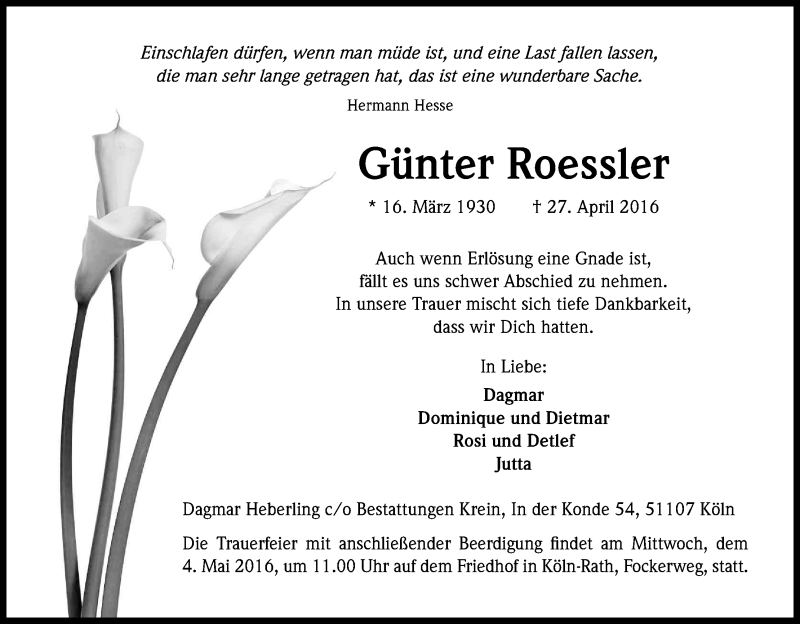  Traueranzeige für Günter Roessler vom 30.04.2016 aus Kölner Stadt-Anzeiger / Kölnische Rundschau / Express