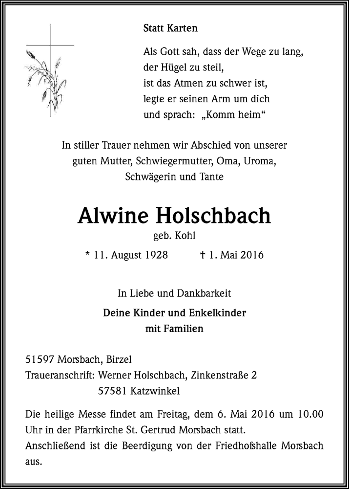  Traueranzeige für Alwine Holschbach vom 03.05.2016 aus Kölner Stadt-Anzeiger / Kölnische Rundschau / Express