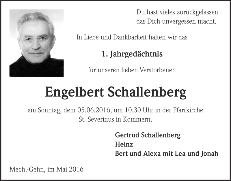  Traueranzeige für Engelbert Schallenberg vom 28.05.2016 aus  Blickpunkt Euskirchen 
