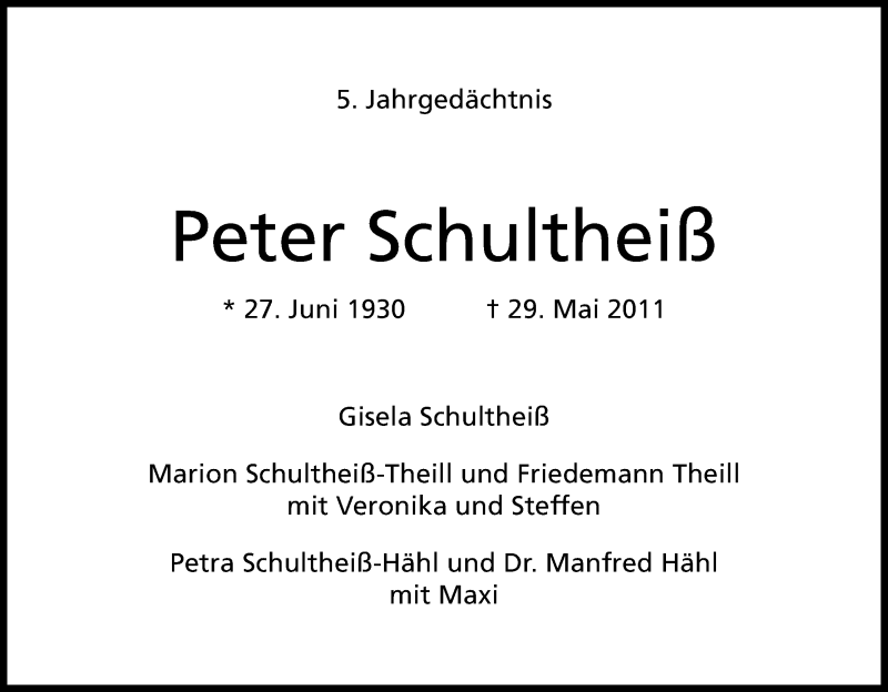  Traueranzeige für Peter Schultheiß vom 28.05.2016 aus Kölner Stadt-Anzeiger / Kölnische Rundschau / Express