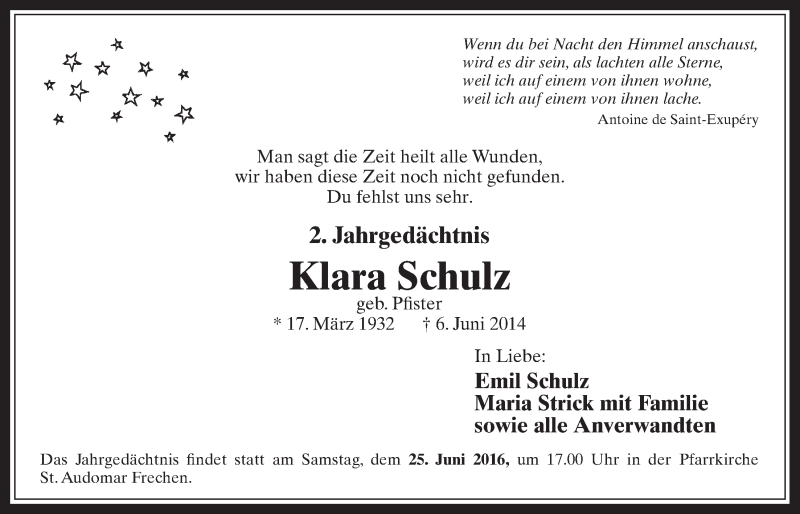  Traueranzeige für Klara Schulz vom 01.06.2016 aus  Wochenende 