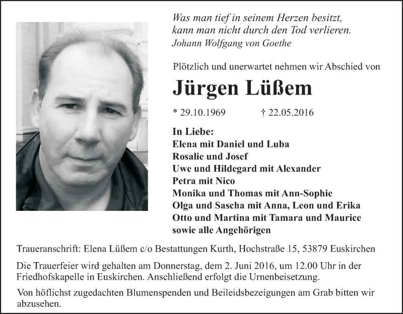 Traueranzeige für Jürgen Lüßem vom 28.05.2016 aus  Blickpunkt Euskirchen 