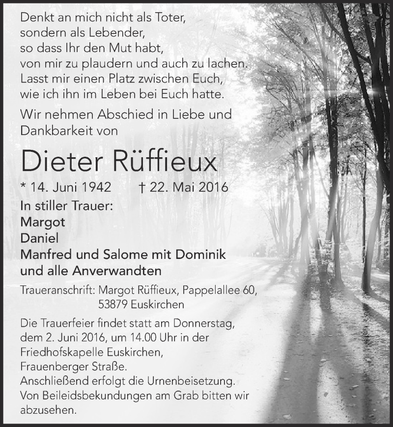  Traueranzeige für Diter Rüffieux vom 28.05.2016 aus  Blickpunkt Euskirchen 
