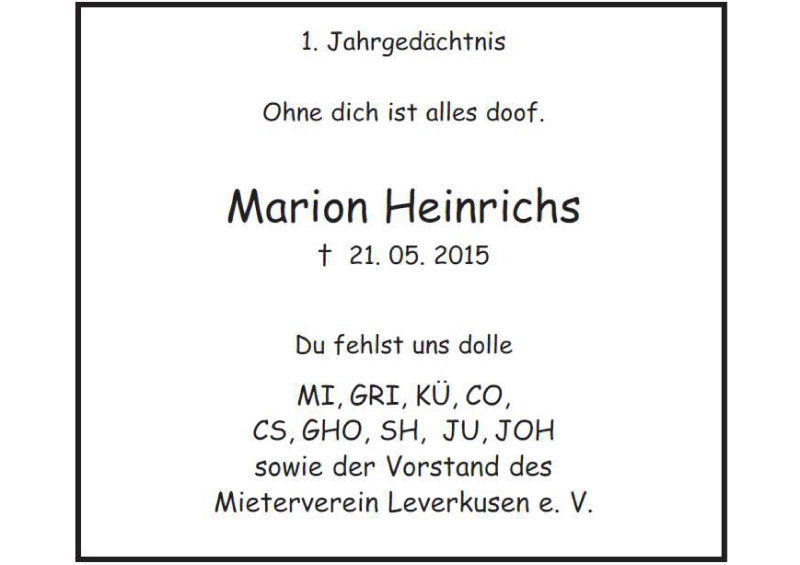  Traueranzeige für Marion Heinrichs vom 21.05.2016 aus Köln - Wir Trauern