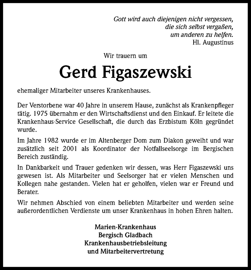  Traueranzeige für Gerd Figaszewski vom 26.05.2016 aus Kölner Stadt-Anzeiger / Kölnische Rundschau / Express