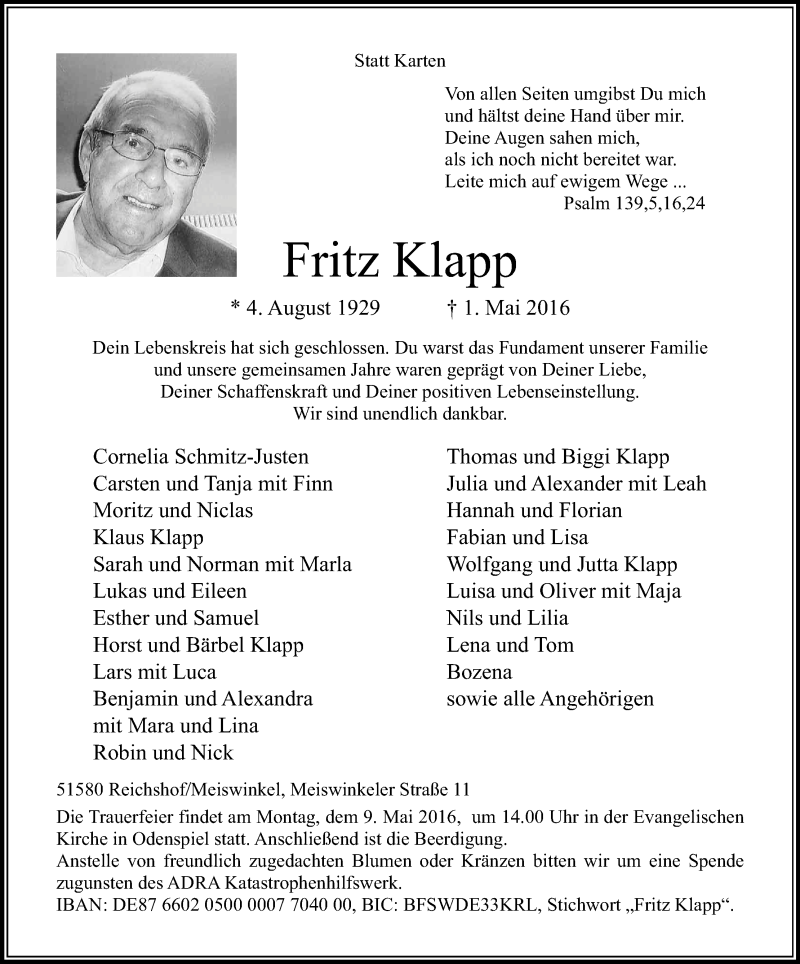  Traueranzeige für Fritz Klapp vom 04.05.2016 aus Kölner Stadt-Anzeiger / Kölnische Rundschau / Express