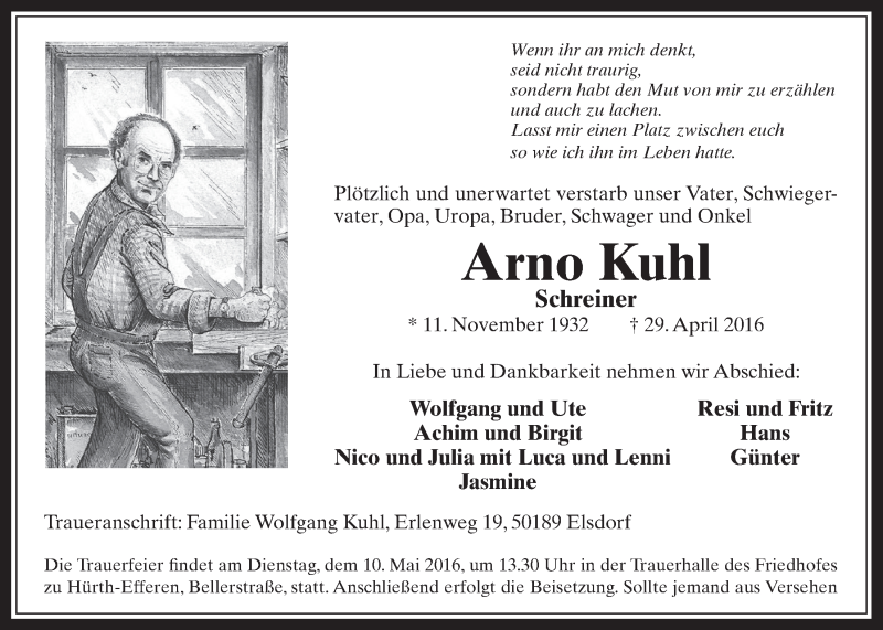  Traueranzeige für Arno Kuhl vom 04.05.2016 aus  Wochenende 