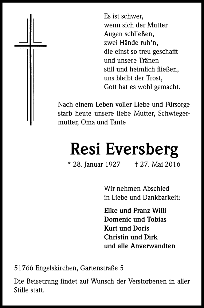 Traueranzeige für Resi Eversberg vom 31.05.2016 aus Kölner Stadt-Anzeiger / Kölnische Rundschau / Express