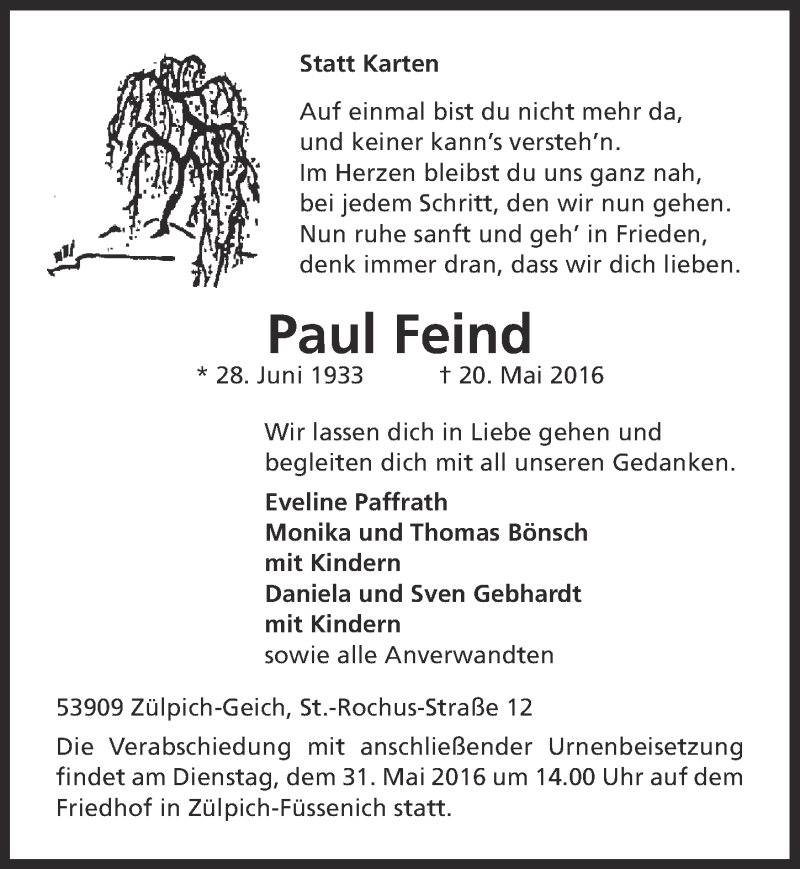  Traueranzeige für Paul Feind vom 28.05.2016 aus  Blickpunkt Euskirchen 