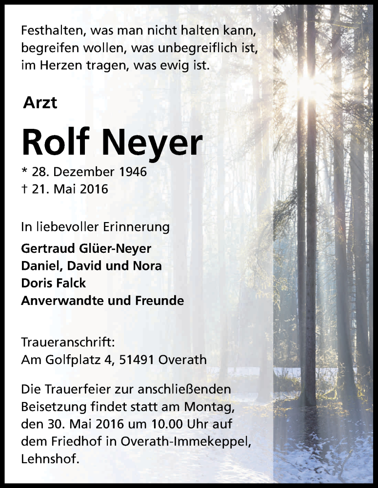  Traueranzeige für Rolf Neyer vom 26.05.2016 aus Kölner Stadt-Anzeiger / Kölnische Rundschau / Express