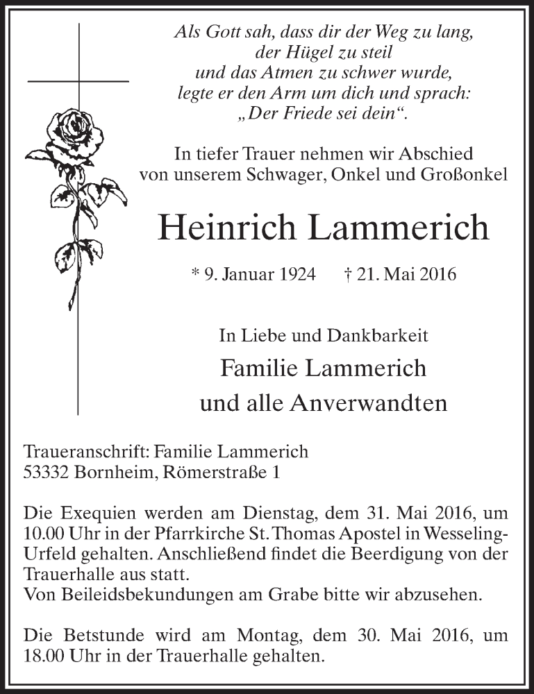  Traueranzeige für Heinrich Lammerich vom 25.05.2016 aus  Schlossbote/Werbekurier 