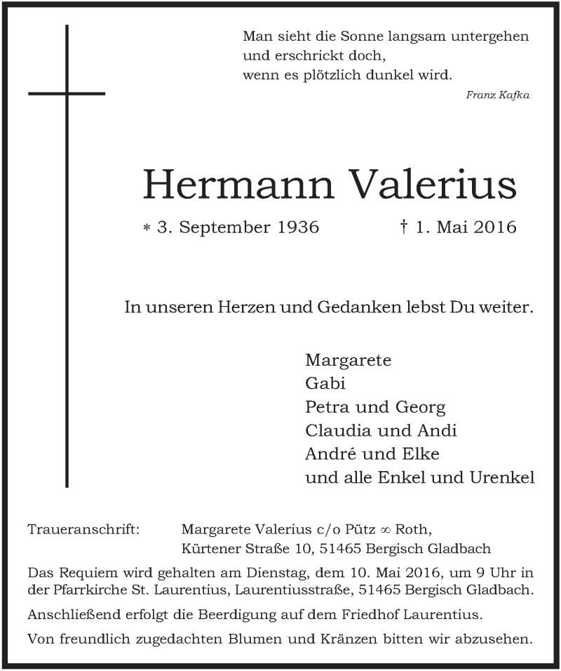 Traueranzeige für Hermann Valerius vom 04.05.2016 aus  Bergisches Handelsblatt 
