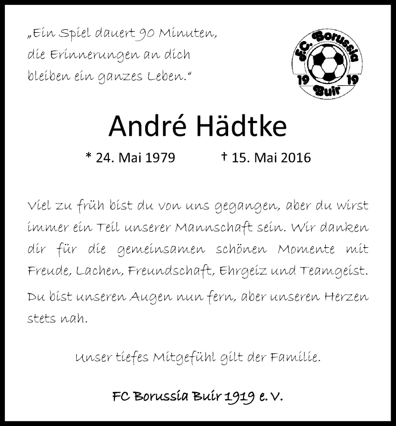  Traueranzeige für André Hädtke vom 21.05.2016 aus Kölner Stadt-Anzeiger / Kölnische Rundschau / Express