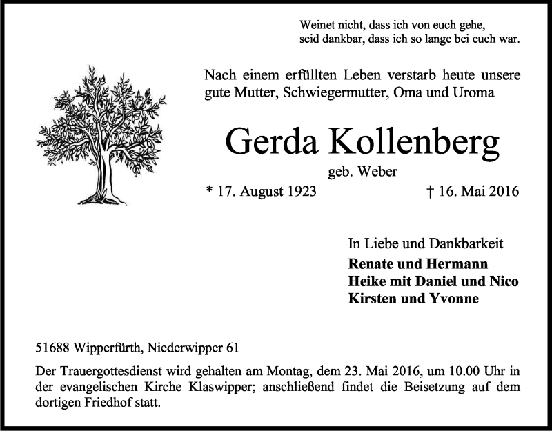  Traueranzeige für Gerda Kollenberg vom 18.05.2016 aus Kölner Stadt-Anzeiger / Kölnische Rundschau / Express