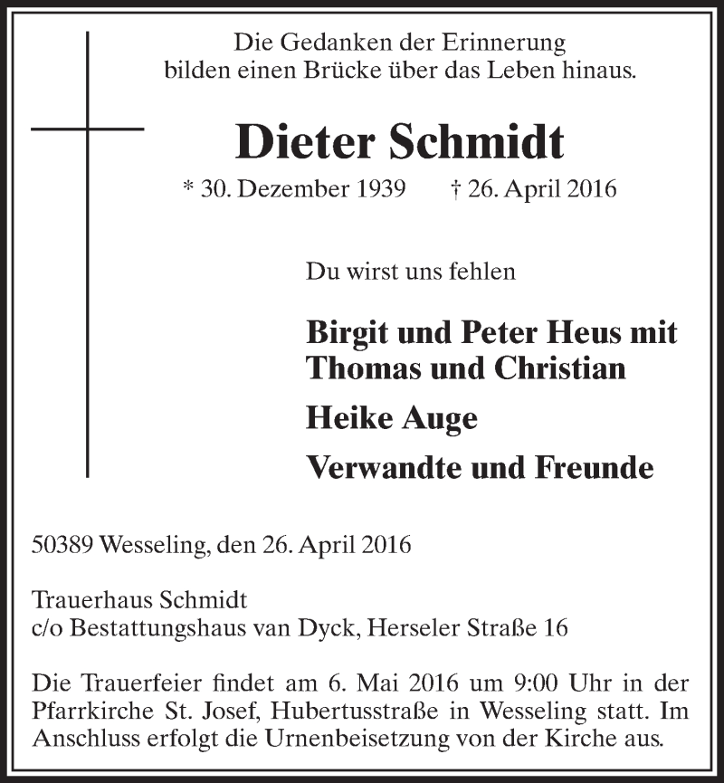  Traueranzeige für Dieter Schmidt vom 04.05.2016 aus  Schlossbote/Werbekurier 