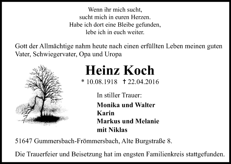  Traueranzeige für Heinz Koch vom 30.04.2016 aus Kölner Stadt-Anzeiger / Kölnische Rundschau / Express