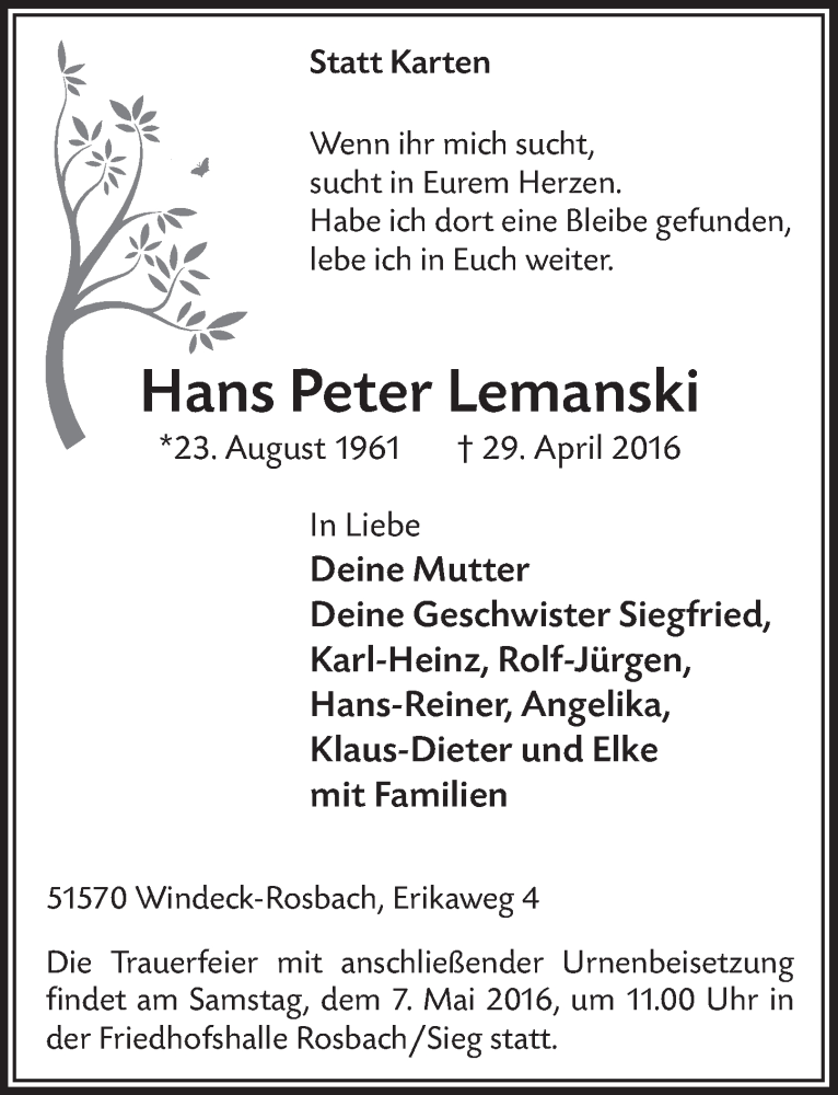  Traueranzeige für Hans Peter Lemanski vom 04.05.2016 aus  Lokalanzeiger 