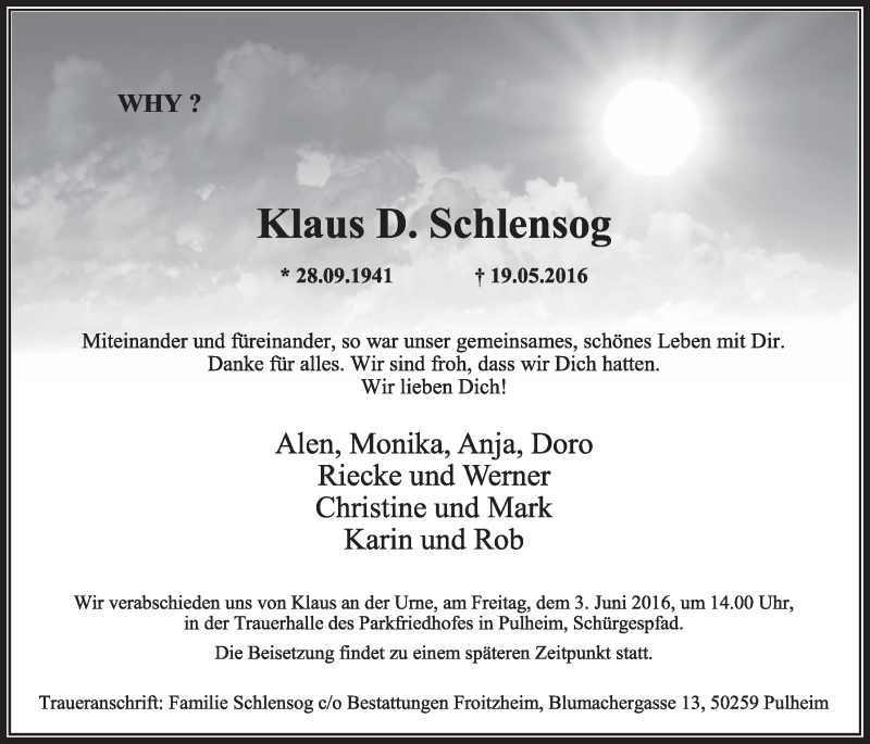  Traueranzeige für Klaus D. Schlensog vom 28.05.2016 aus  Sonntags-Post 