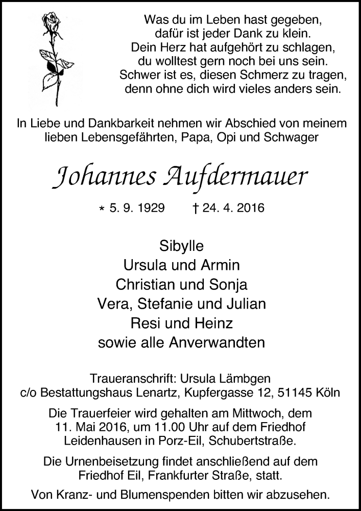  Traueranzeige für Johannes Aufdermauer vom 04.05.2016 aus  Kölner Wochenspiegel 