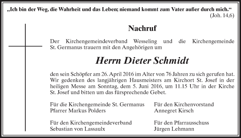  Traueranzeige für Dieter Schmidt vom 25.05.2016 aus  Schlossbote/Werbekurier 