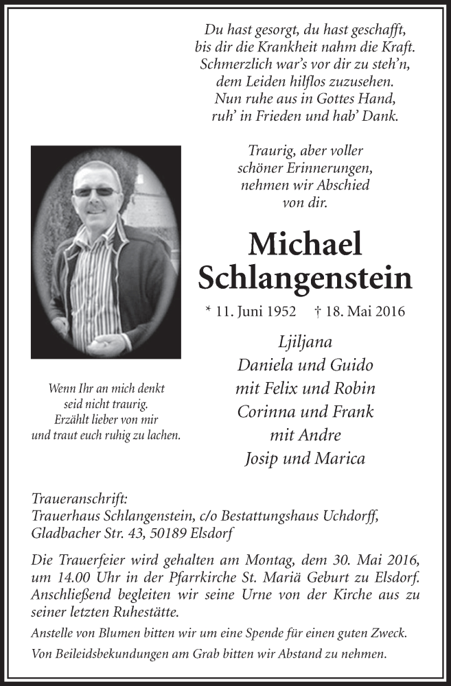  Traueranzeige für Michael Schlangenstein vom 28.05.2016 aus  Sonntags-Post 