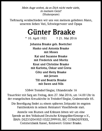 Anzeige von Günter Braake von Kölner Stadt-Anzeiger / Kölnische Rundschau / Express