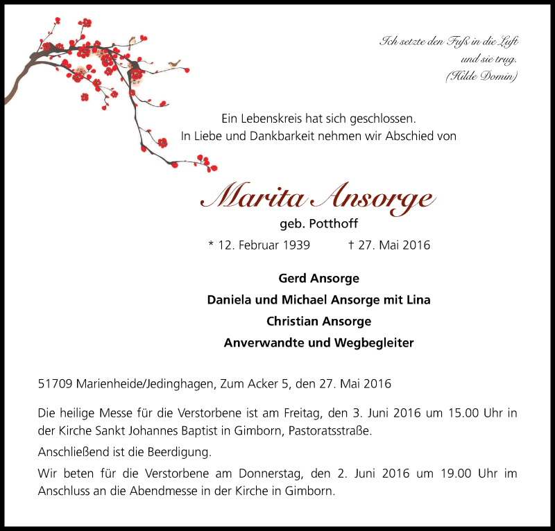  Traueranzeige für Marita Ansorge vom 31.05.2016 aus Kölner Stadt-Anzeiger / Kölnische Rundschau / Express