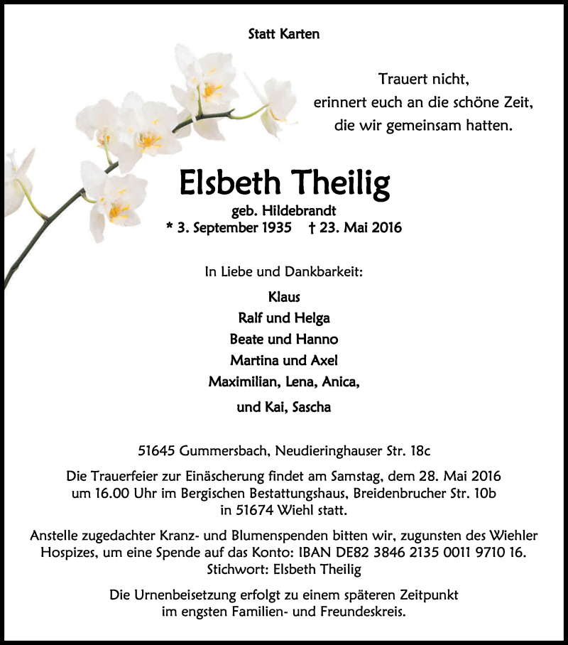  Traueranzeige für Elsbeth Theilig vom 25.05.2016 aus Kölner Stadt-Anzeiger / Kölnische Rundschau / Express