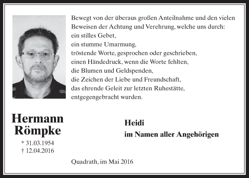  Traueranzeige für Hermann Römpke vom 04.05.2016 aus  Werbepost 