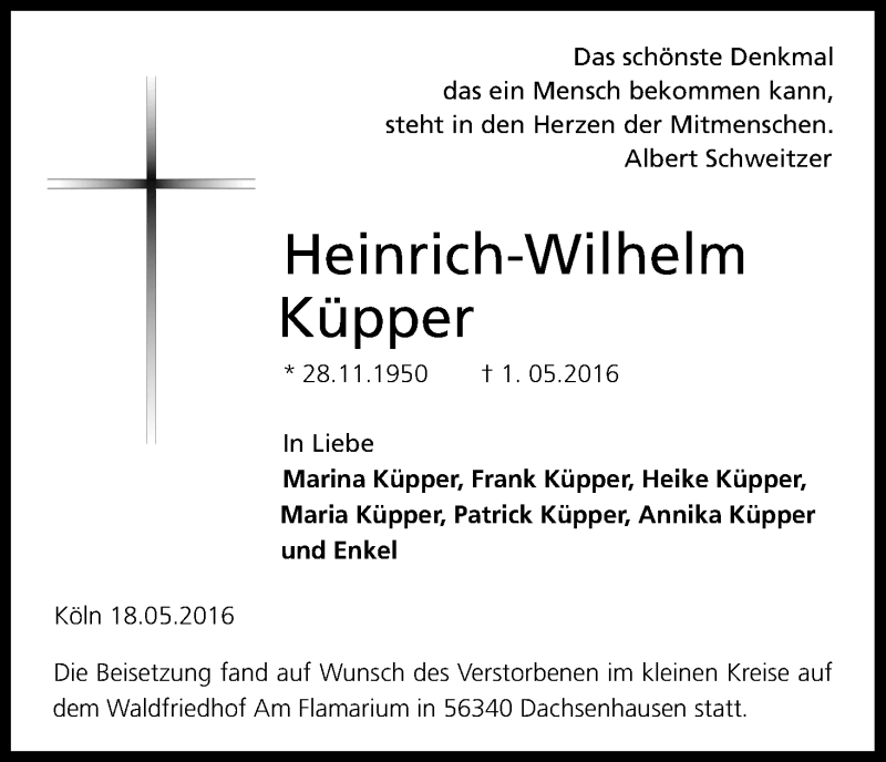  Traueranzeige für Heinrich-Wilhelm Küpper vom 21.05.2016 aus Kölner Stadt-Anzeiger / Kölnische Rundschau / Express