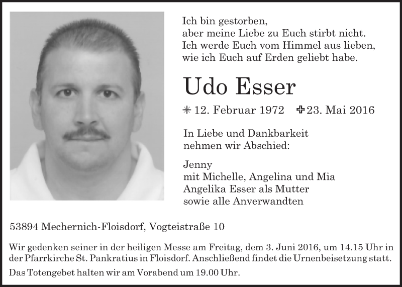  Traueranzeige für Udo Esser vom 28.05.2016 aus  Blickpunkt Euskirchen 